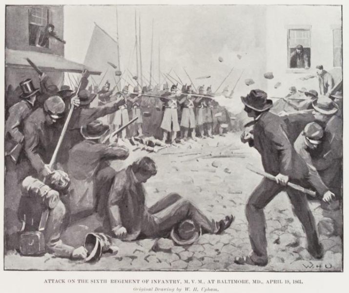 General Research Division, The New York Public Library. "Attack on the Sixth Regiment of Infantry, M. V. M., at Baltimore, MD., April 19, 1861." The New York Public Library Digital Collections. c1899-c1901.