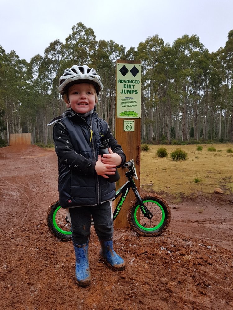William, aged three, at Hollybank Mountain Bike Park. Image courtesy of Mikaela
