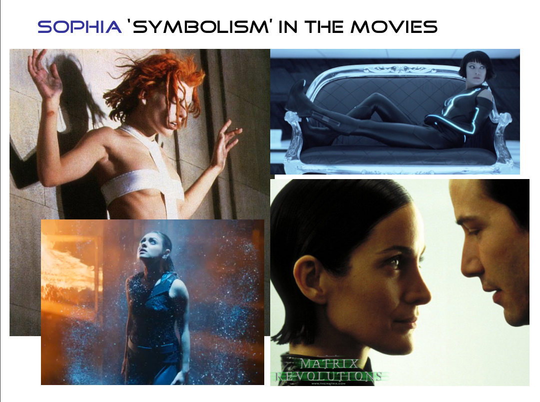 The Trinity Character in the Matrix trilogy and the Quorra character in Tron Legacy, especially is in keeping with the Sophia myth. The male figure (especially Neo) is meant to be symbolic of the Aeon Christos.     - Source
