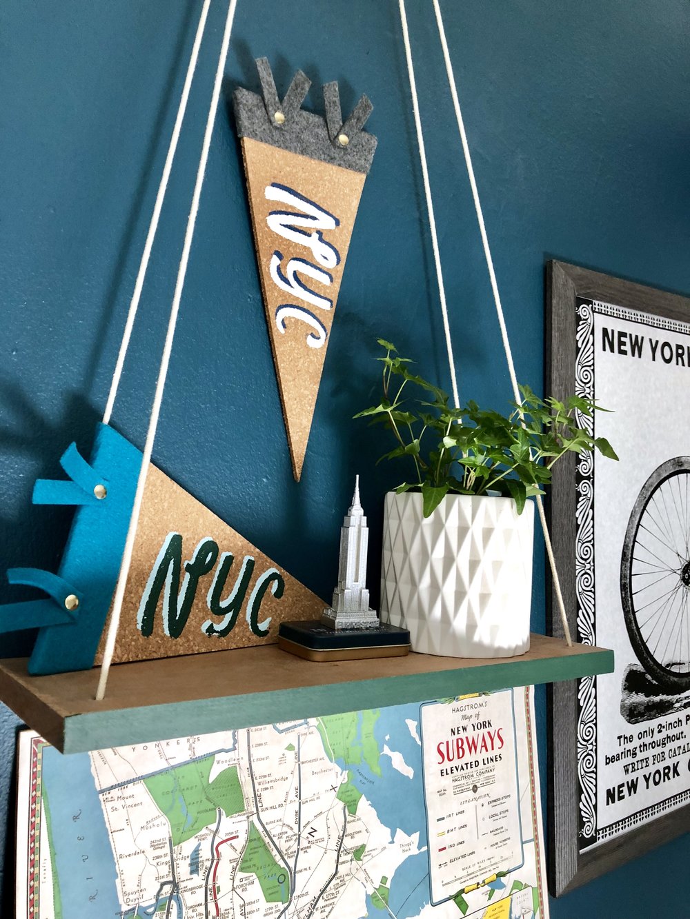  DIY Silk Screen Printing with an embroidery hoop and vintage pennants made from cork board and felt. 