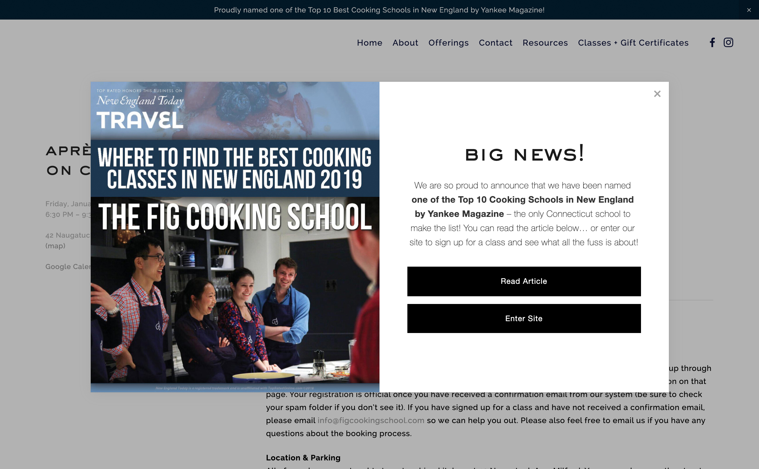 A popup on the Fig Cooking School website announces that Fig has made the list of best cooking classes in New England.