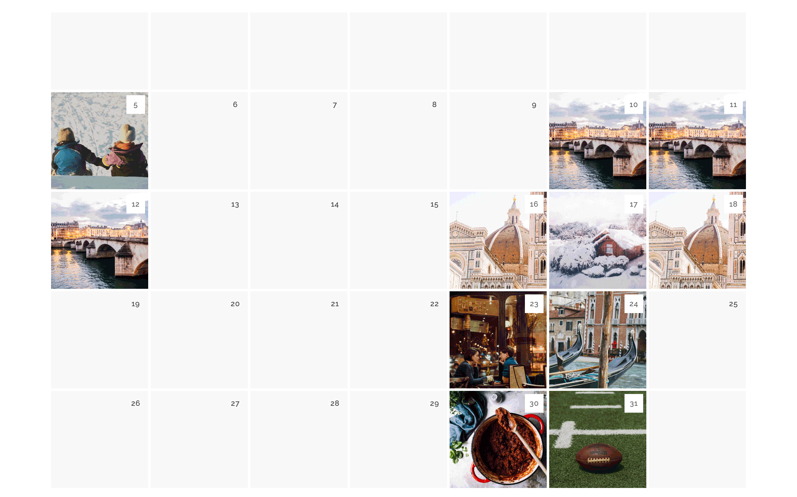 An animated GIF of a calendar of upcoming Fig Cooking School classes. Every two seconds an overlay comes up showing details for a class called 'Apres Ski.'
