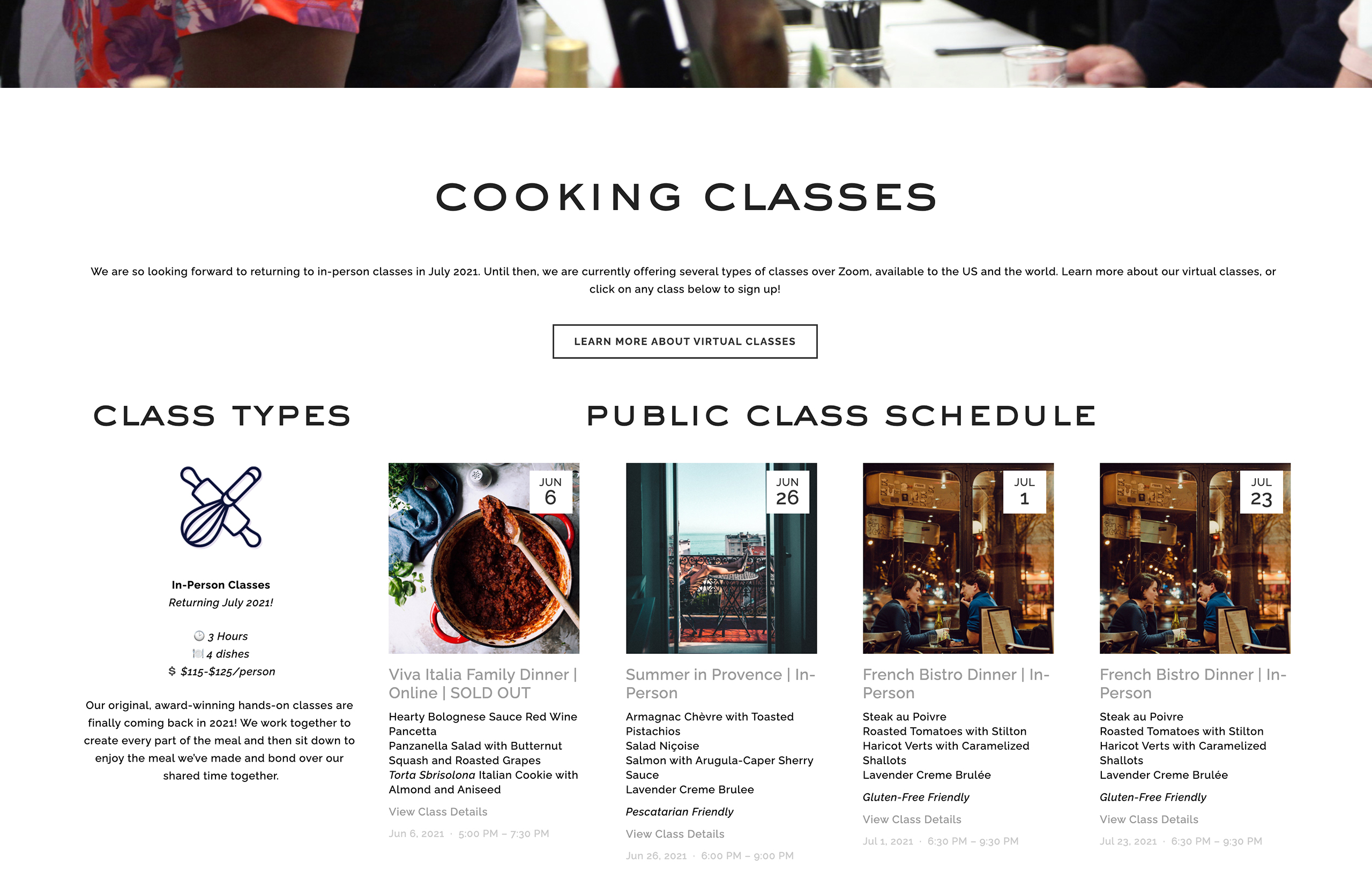 A webpage titled 'Cooking Classes' with a grid of various classes being offered at the Fig Cooking School.