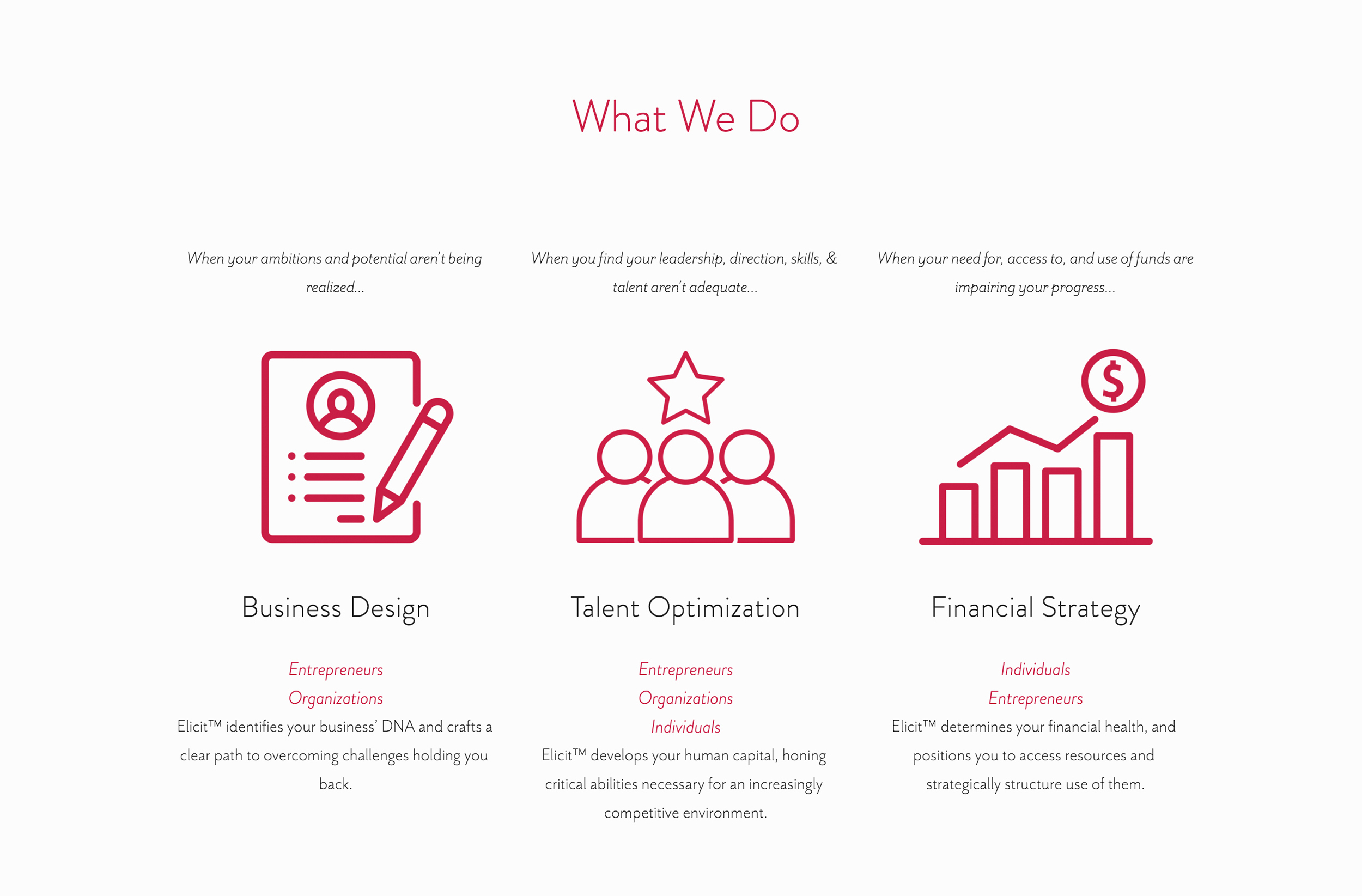 The 'What We Do' Page featuring a title, and three magenta icons across with the titles 'Business Design' 'Talent Optimization' and 'Financial Strategy.'