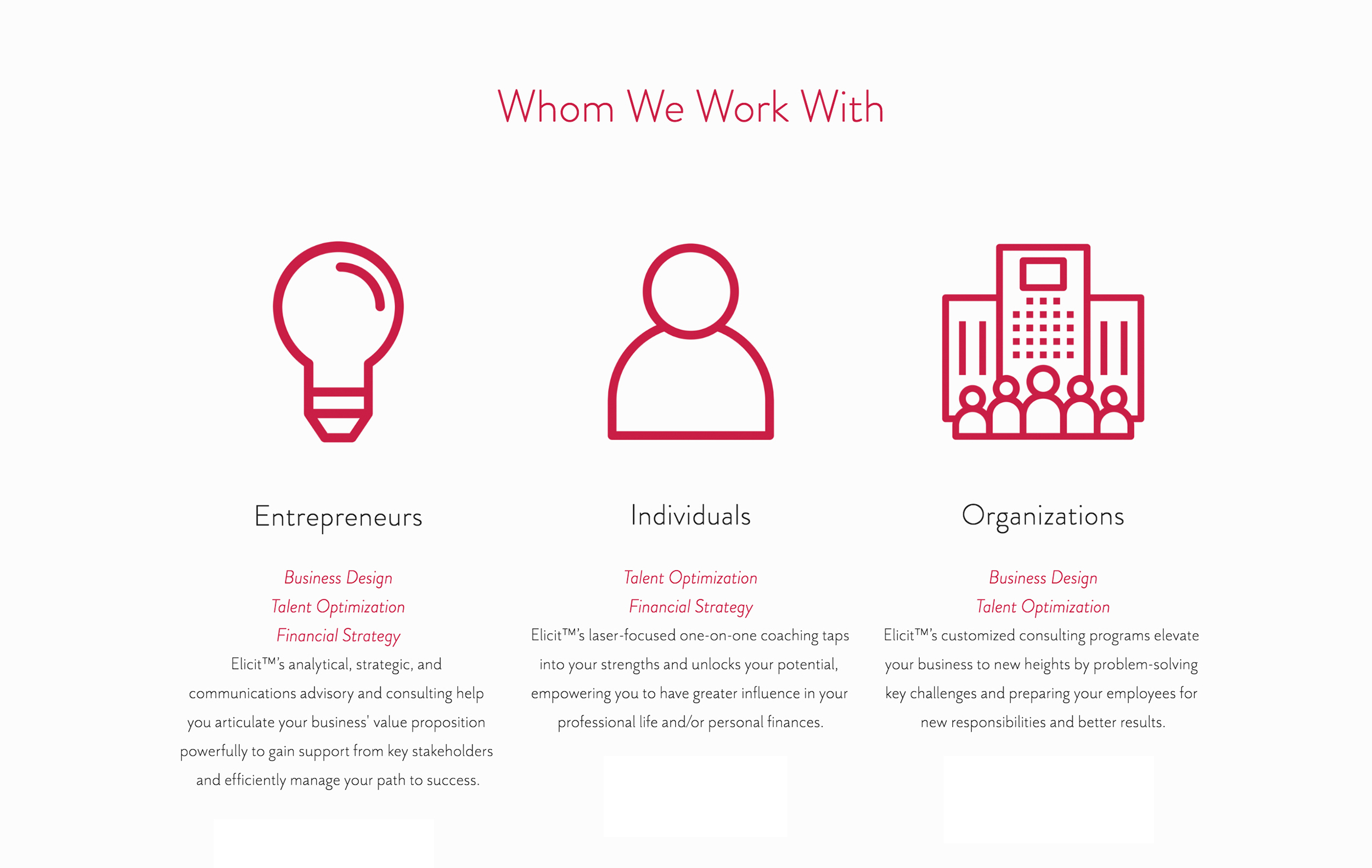 The 'Whom We Work With' Page featuring a title, and three magenta icons across with the titles 'Entrepreneurs' 'Individuals' and 'Organizations.'