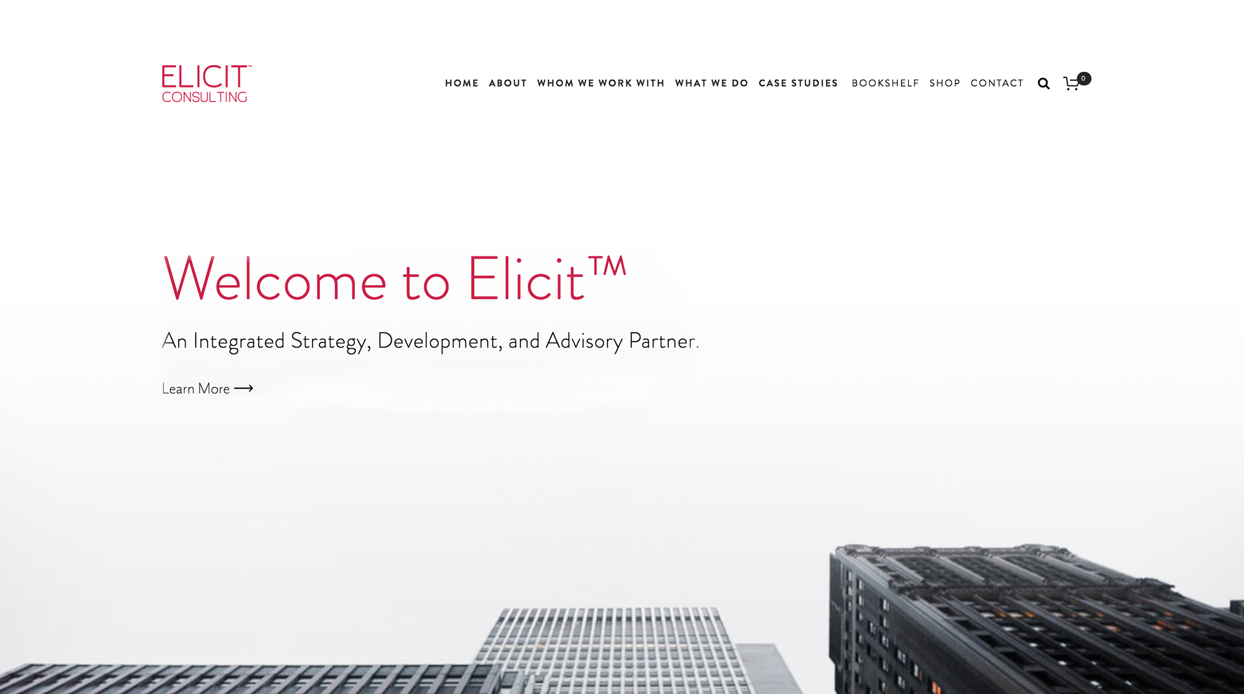 The Elicit™ home page, featuring a gray city scene from below. The headline says 'Welcome to Elicit™ An Integrated Strategy, Development, and Advisory Partner 