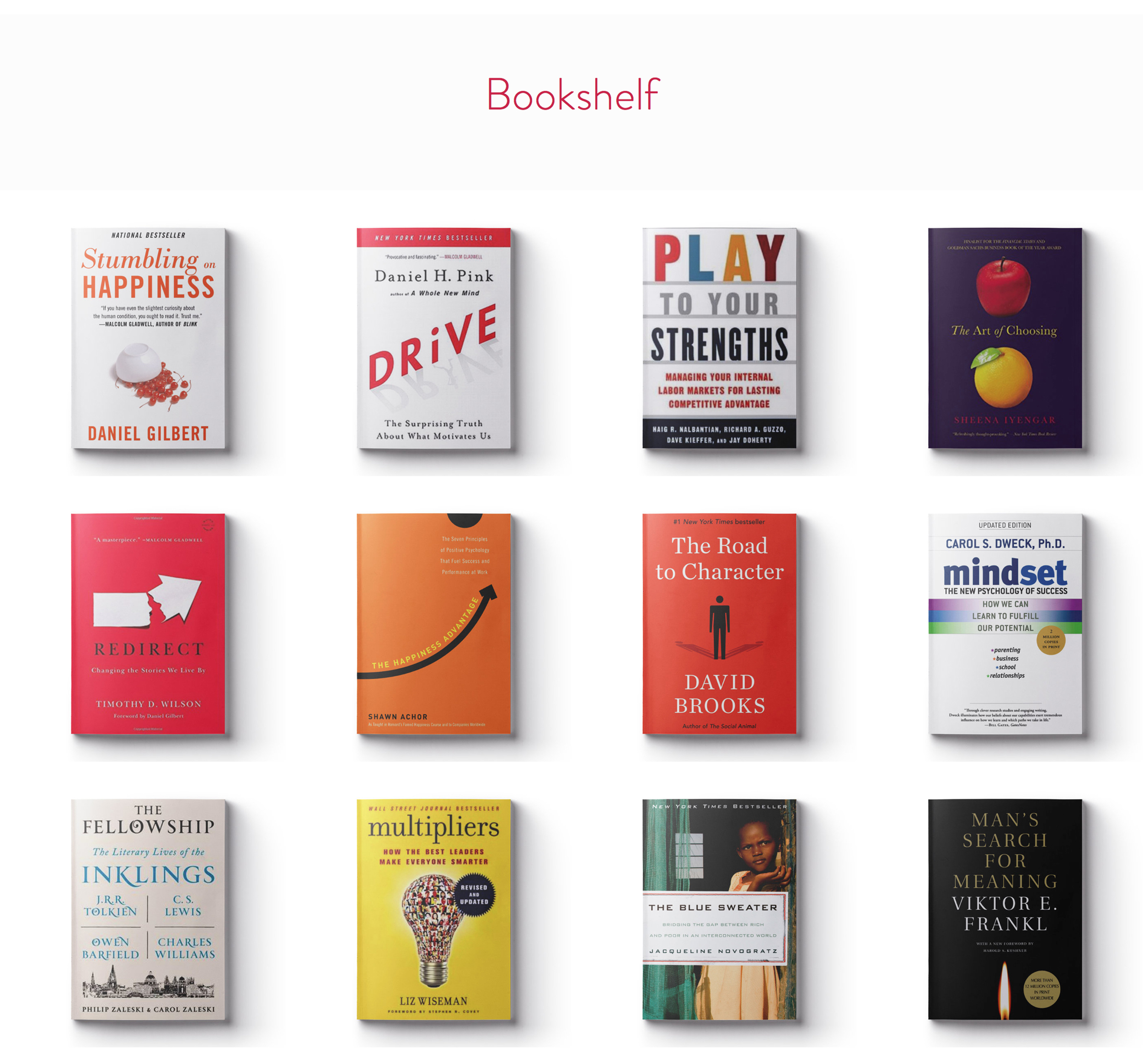 The 'Bookshelf' Page featuring a title, and 12 books on entrepreneurship