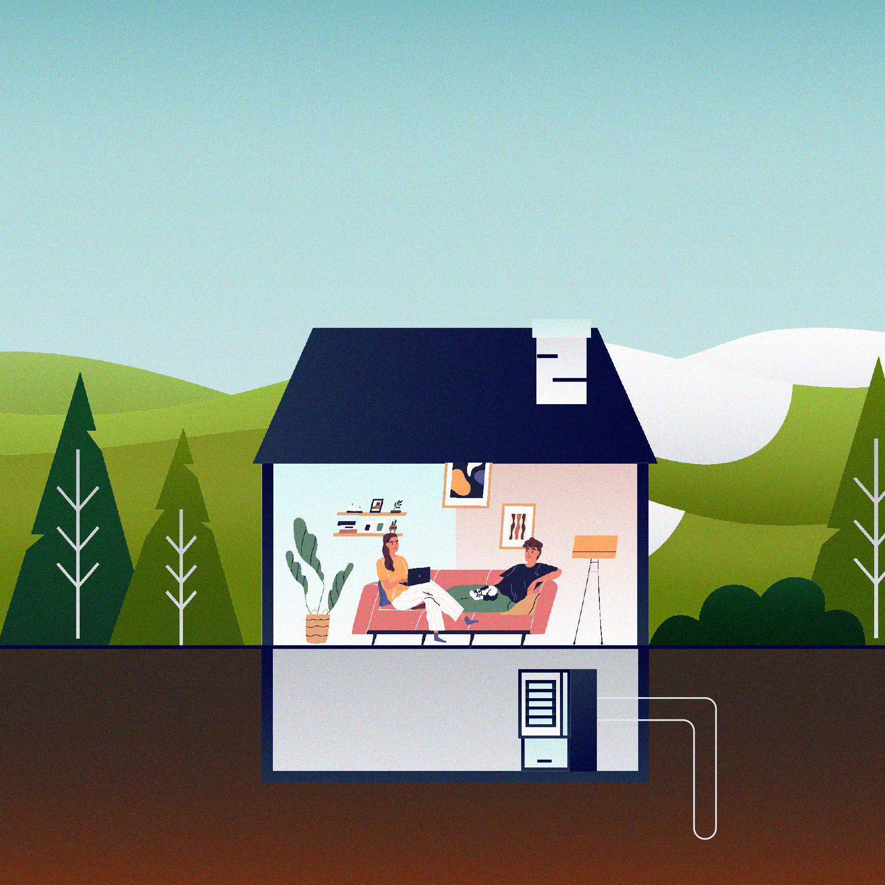 An illustrated house, cut in a cross section with a woman and man on the couch. Half of the scene is a summer scene, with the AC on in the left side of the house and half the scene is winter with the heating on. There is a Dandelion brand geothermal unit in the basement.