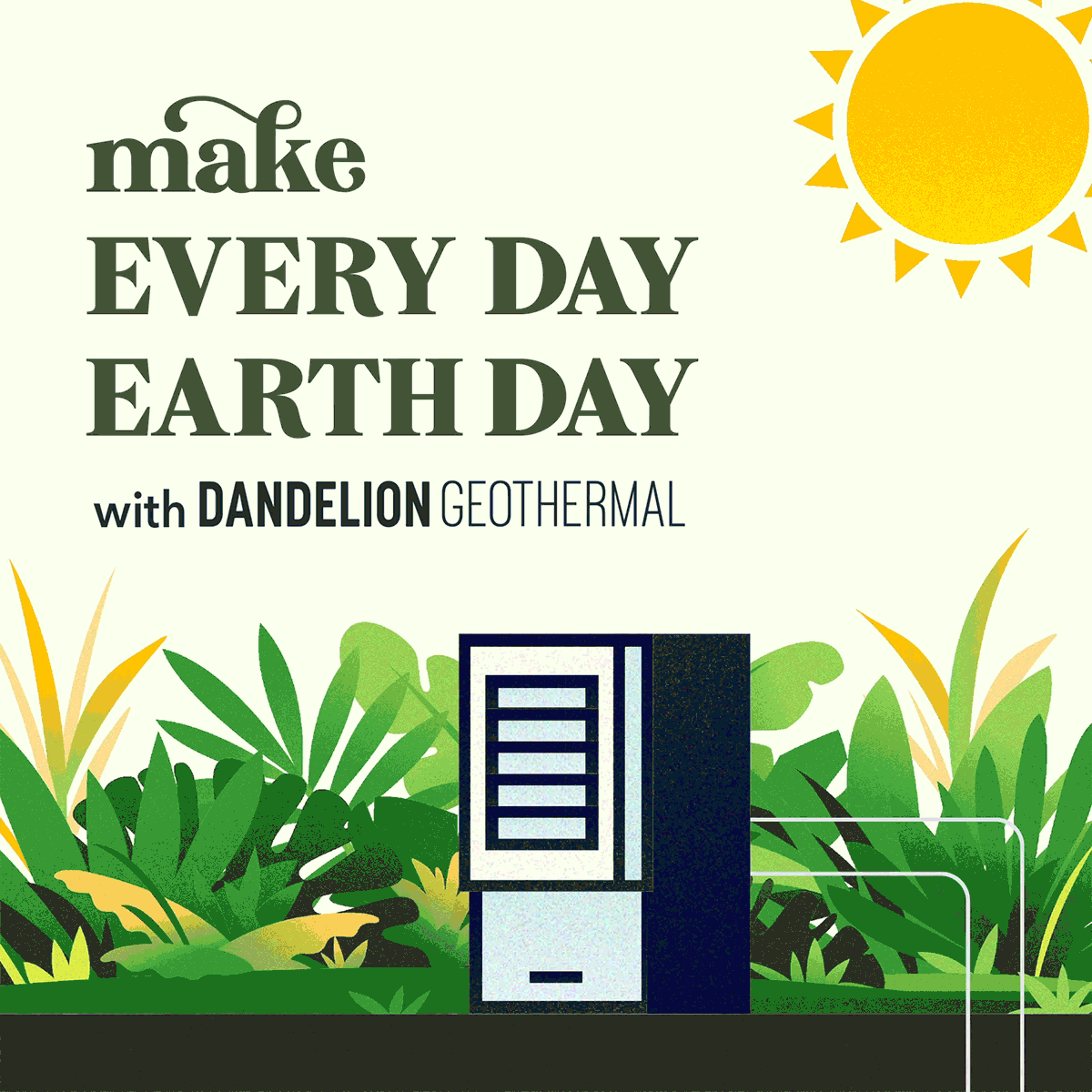 Animated GIF of a dandelion geothermal unit with dots running through the geothermal ground loop turning from blue to red as they pick up heat. There are plants in the background and a sun spinning in the sky Headline text says 'Make Every day Earth day wiht Dandelion Geothermal'