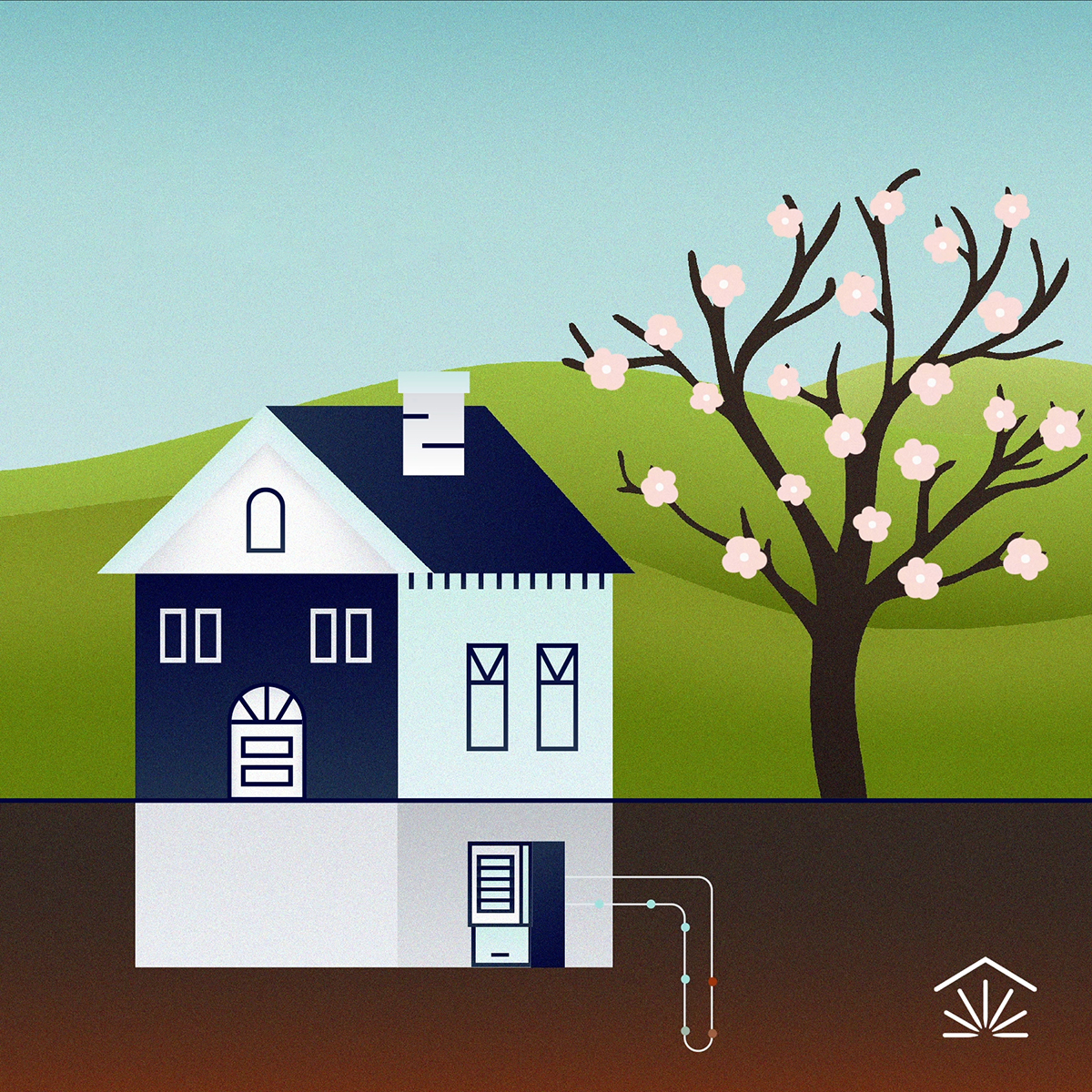 An image of a home with a Dandelion geothermal unit in the basement, with a tree with pink flowers next to it.