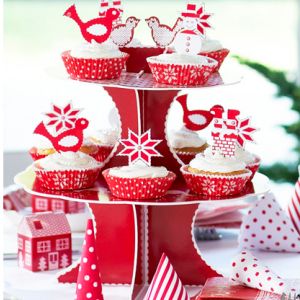 2 Tier Christmas Xmas Cake Stand Solid Cardboard Red 