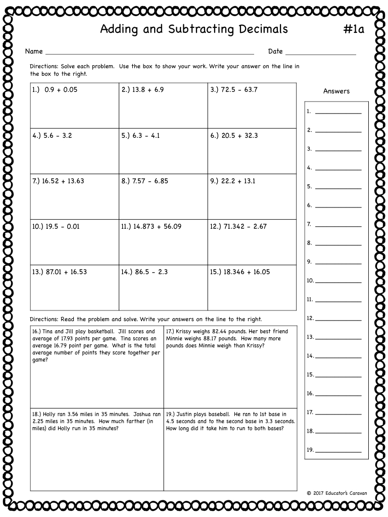 adding and subtracting decimals worksheets — educator's caravan