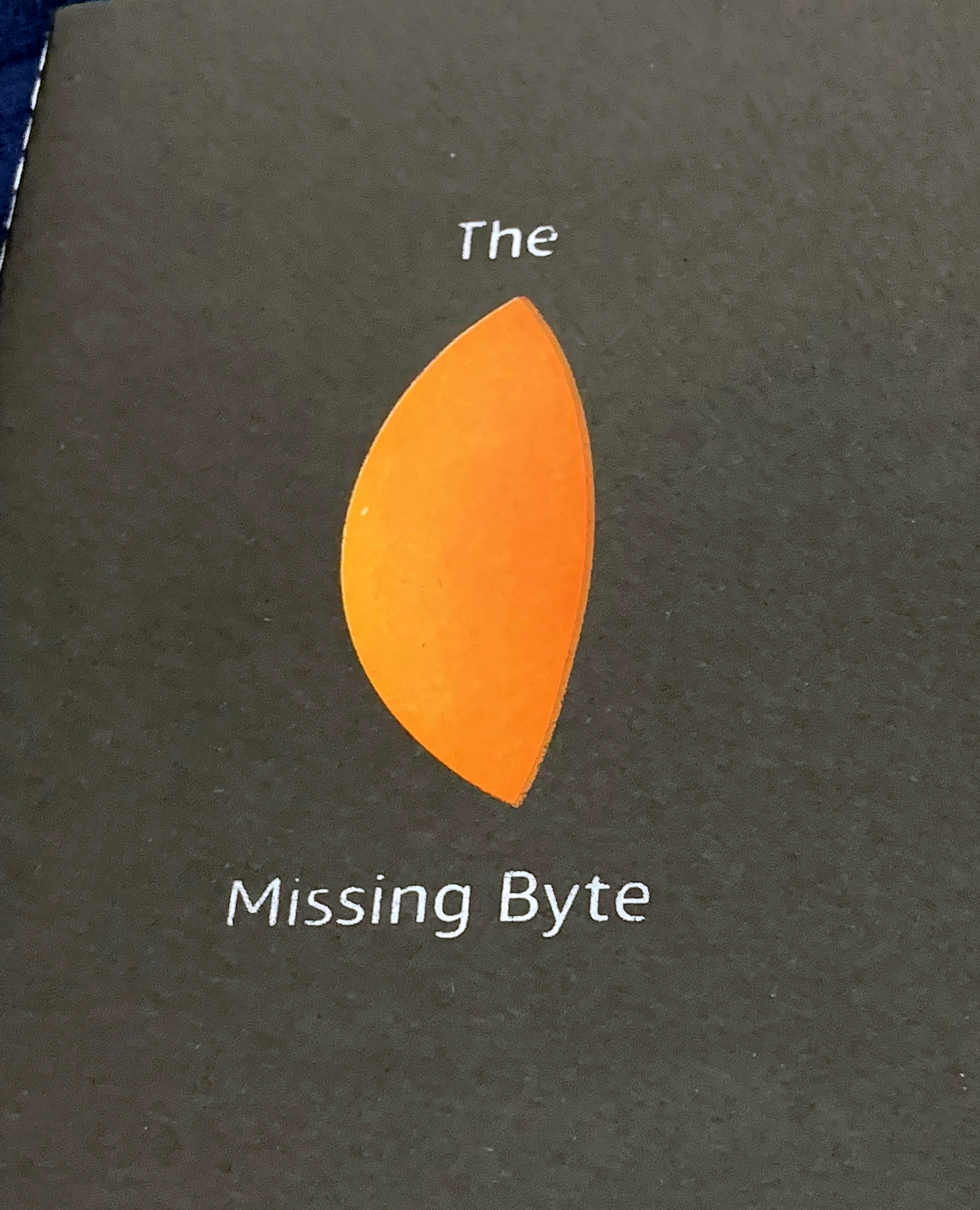 Screen printed logo: 'The Missing Byte' in thin typography and a half-moon-like shape with a subtle orange gradient