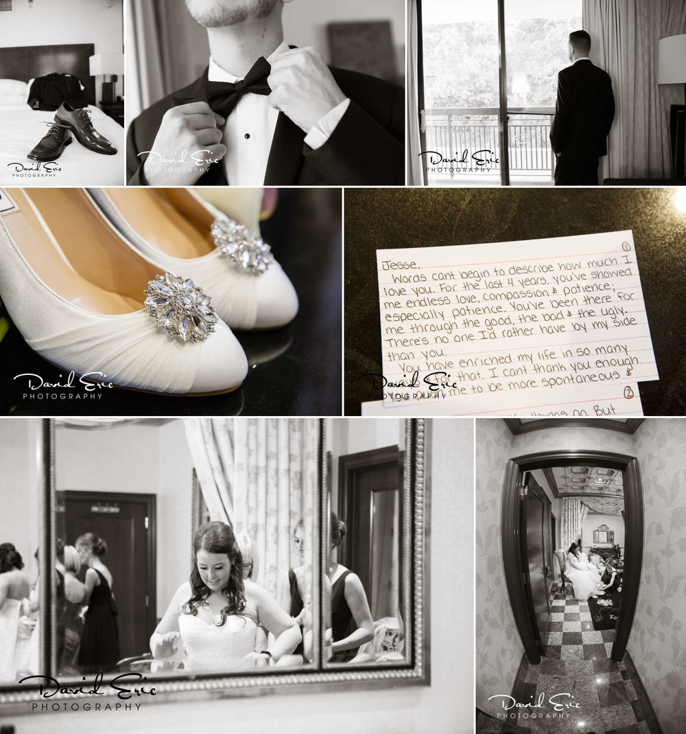 Photos of the Bride and groom prep showing the bridal wedding shoes, the brides vows and grooms tux 