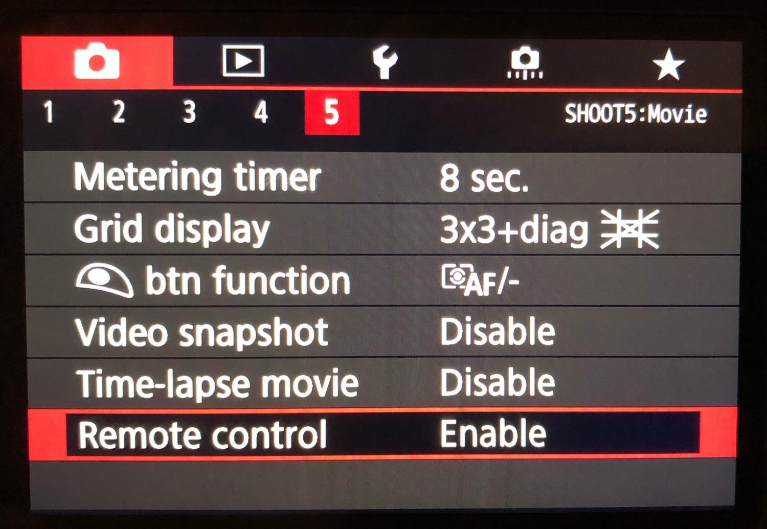 On page 5 of the red camera menu, you'll find the Remote Control settings.