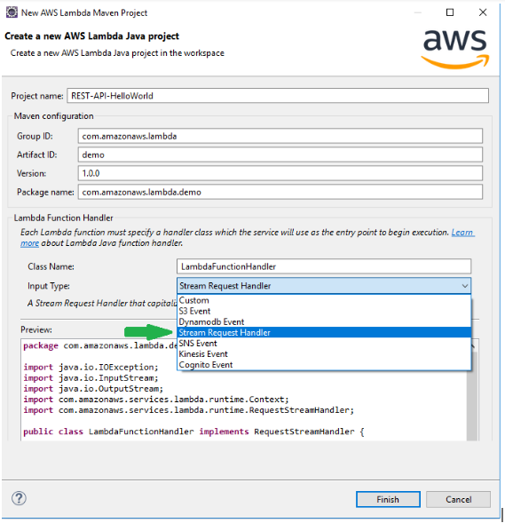 Eclipse Java Lambda new project stream request handler.png