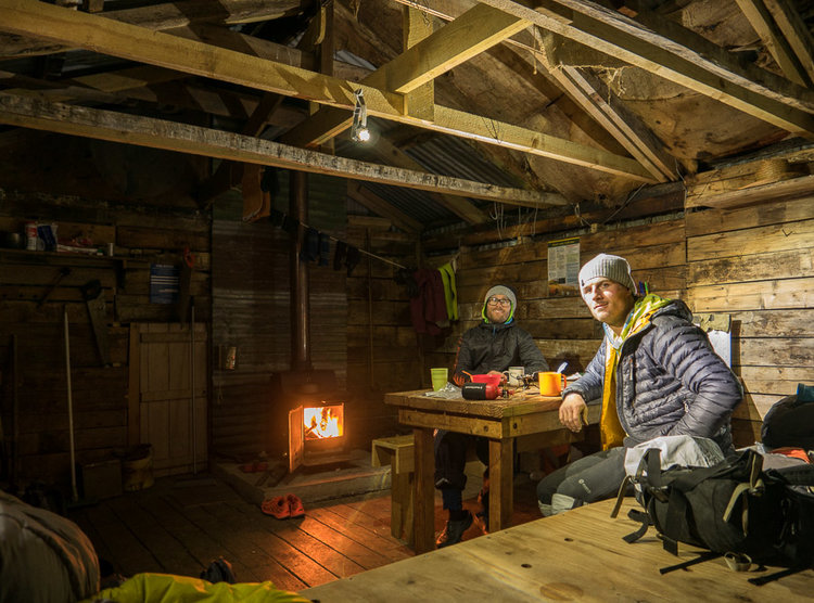  A satisfied but unplanned evening back in the Dynamo hut after skiing the South Face 