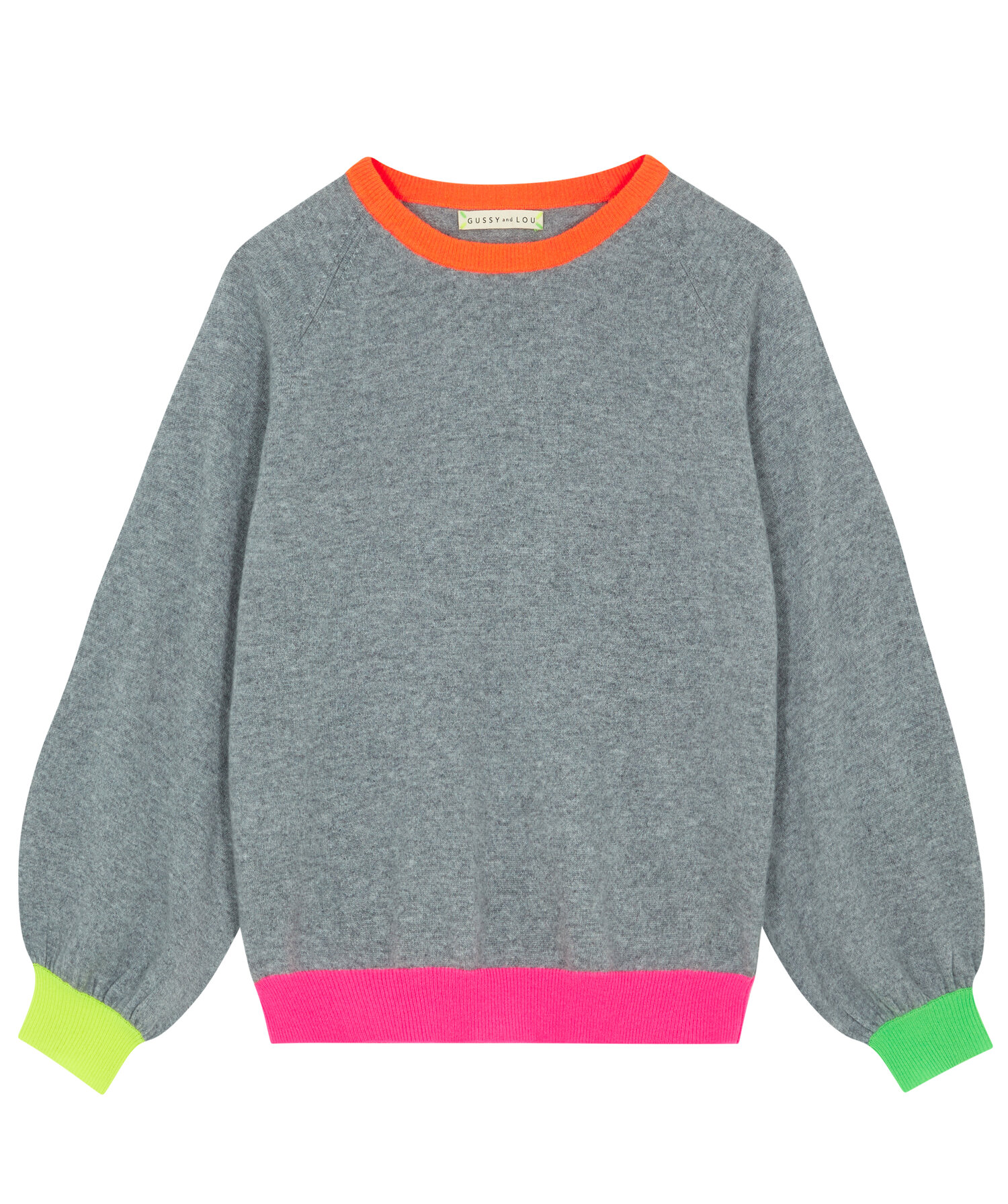 Ladies Multi Neon Grey Balloon Sleeve Cashmere Jumper — Gussy and Lou