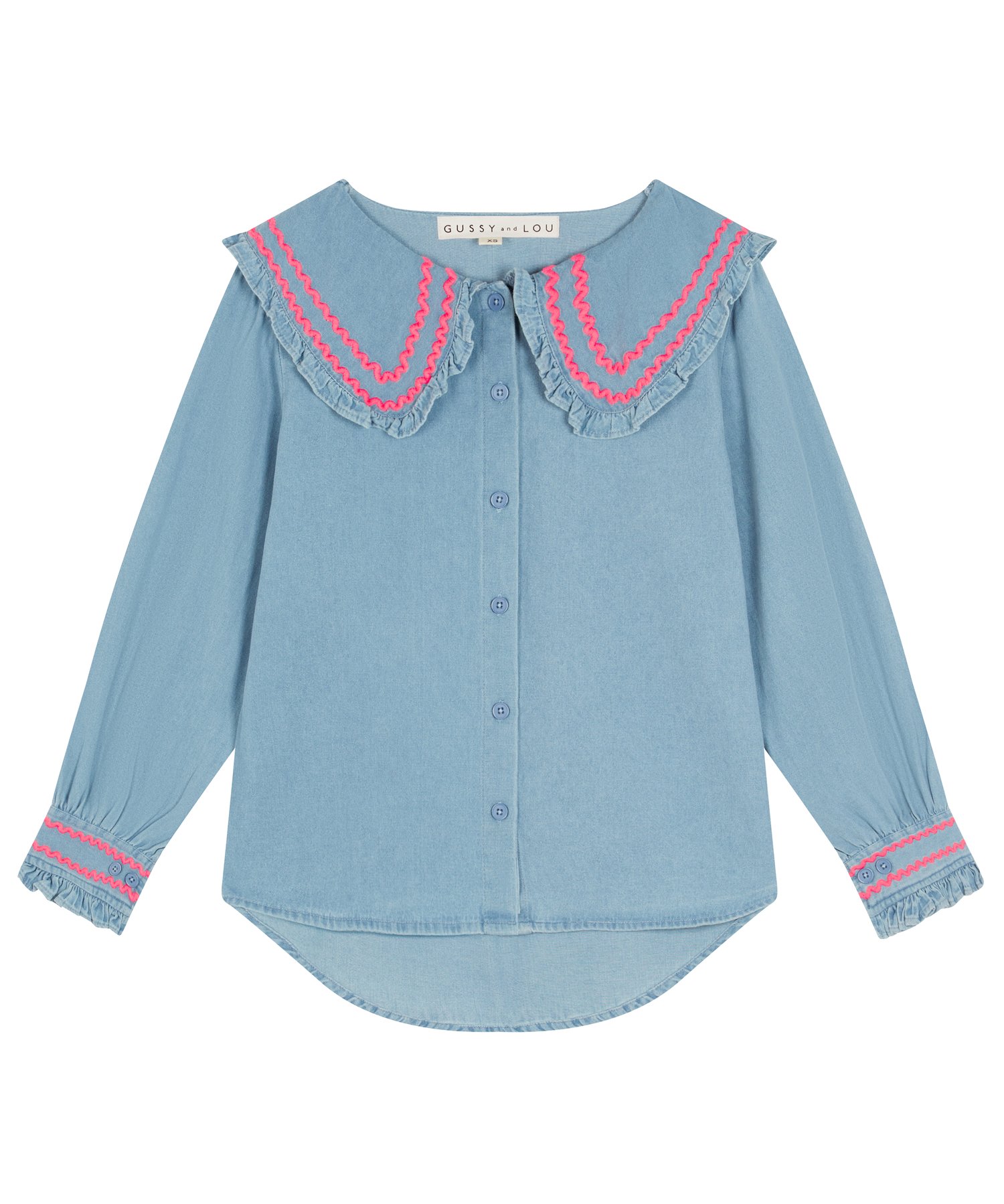 Ladies Denim and Neon pink Scallop Blouse — Gussy and Lou