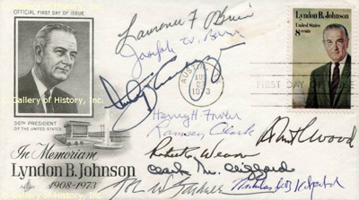  Ten of LBJ's Cabinet member sign a FDC honoring the deceased U.S. President.FDC signed: 'Joseph W. Barr', 'Clark M. Clifford', 'Nicholas deB. Katzenbach', 'Ramsey Clark', 'Anthony J. Celebrezze', 'Henry H. Fowler', 'Lawrence F. O'Brien', 'Robert C. Weaver', 'Robert C. Wood' and 'John W. Gardner', 6½x2½. FDC honoring the memory of President Johnson, 8-cent stamp affixed, postmarked Austin, Texas, August 27, 1973. 