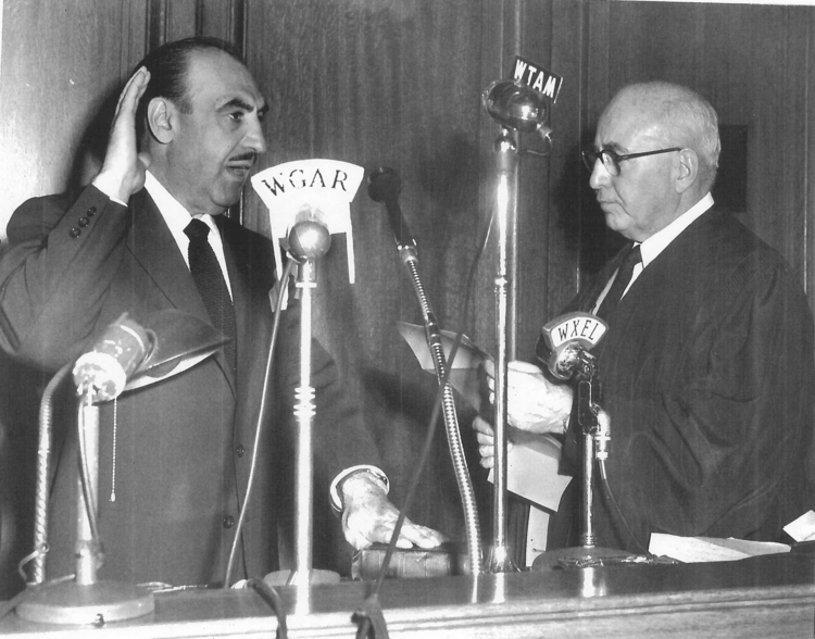  Anthony J. Celebrezze sworn in as Mayor of Cleveland by Judge Hurd, Circa 1953, Photo from The  Plain Dealer  Library, July 26, 1962 
