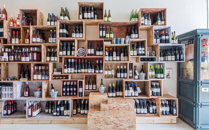 Shot of Vinovore Silver Lake's big wall of wine on shelves