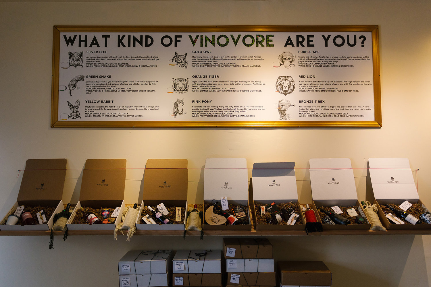 Wine tasting chart with animal images displayed over assorted gift boxes of wine and goods
