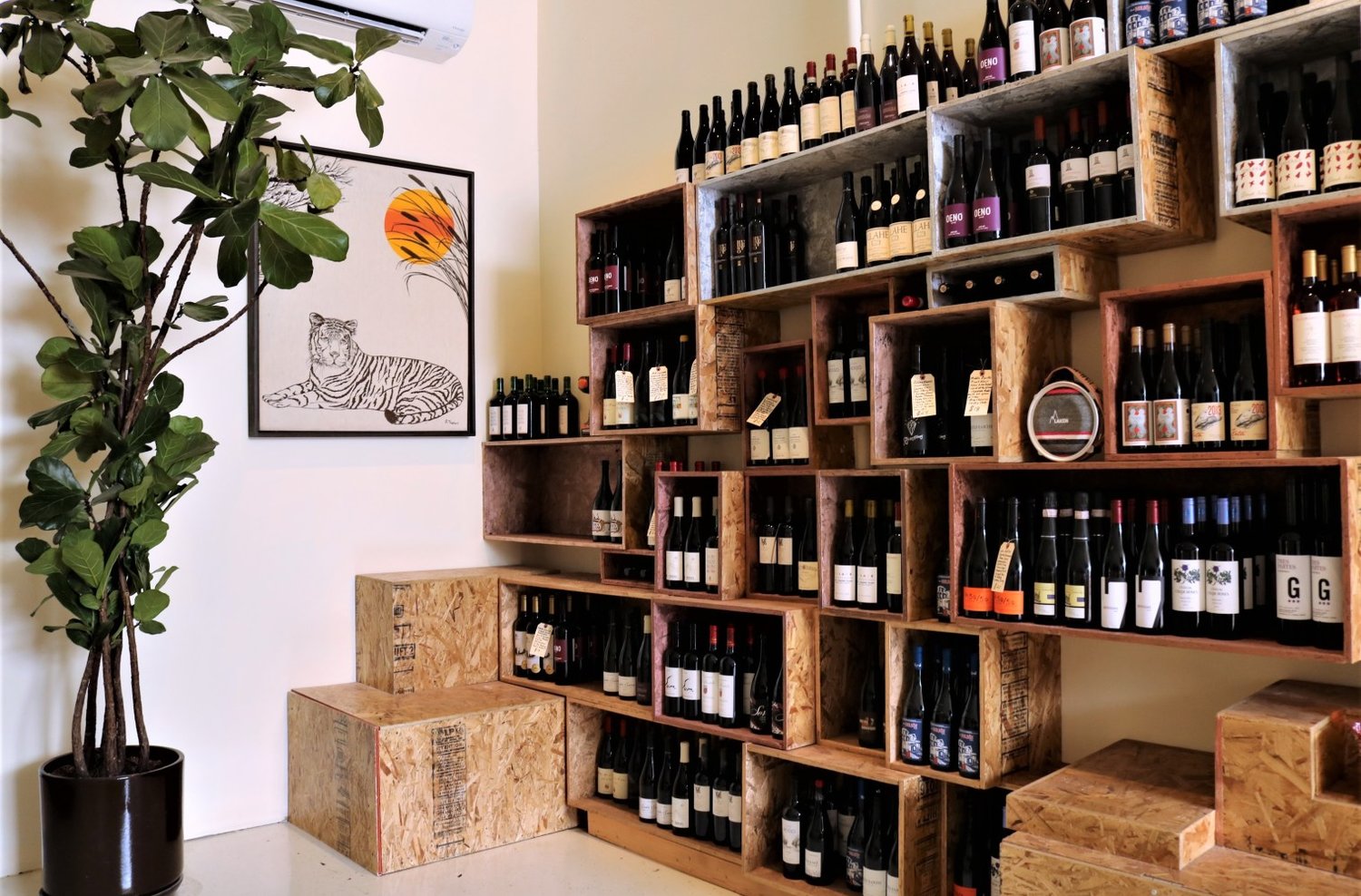 Wall of wine bottles on shelves on the right, next to a tiger painting and a potted plant