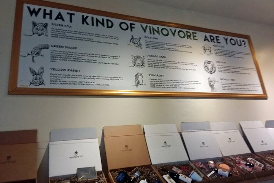 Wine chart on the wall with animal images and tasting notes, above a shelf of pre-made gift boxes
