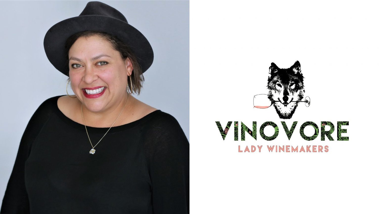  Vinovore owner Coly Den Haan portrait in a black hat and top with a necklace and red lipstick