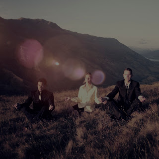 Businesspeople meditating on a mountainside