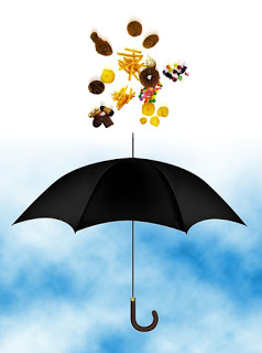 Umbrella with junk food raining down on it