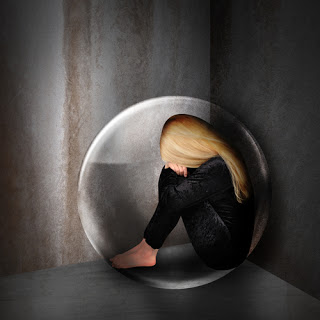 Woman hiding in giant bubble.