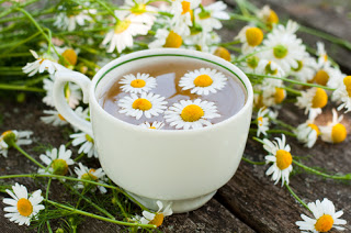 Cup of tea with camomile flowers