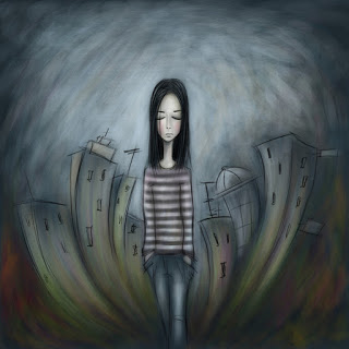 Illustration of girl walking away from city, looking lonely
