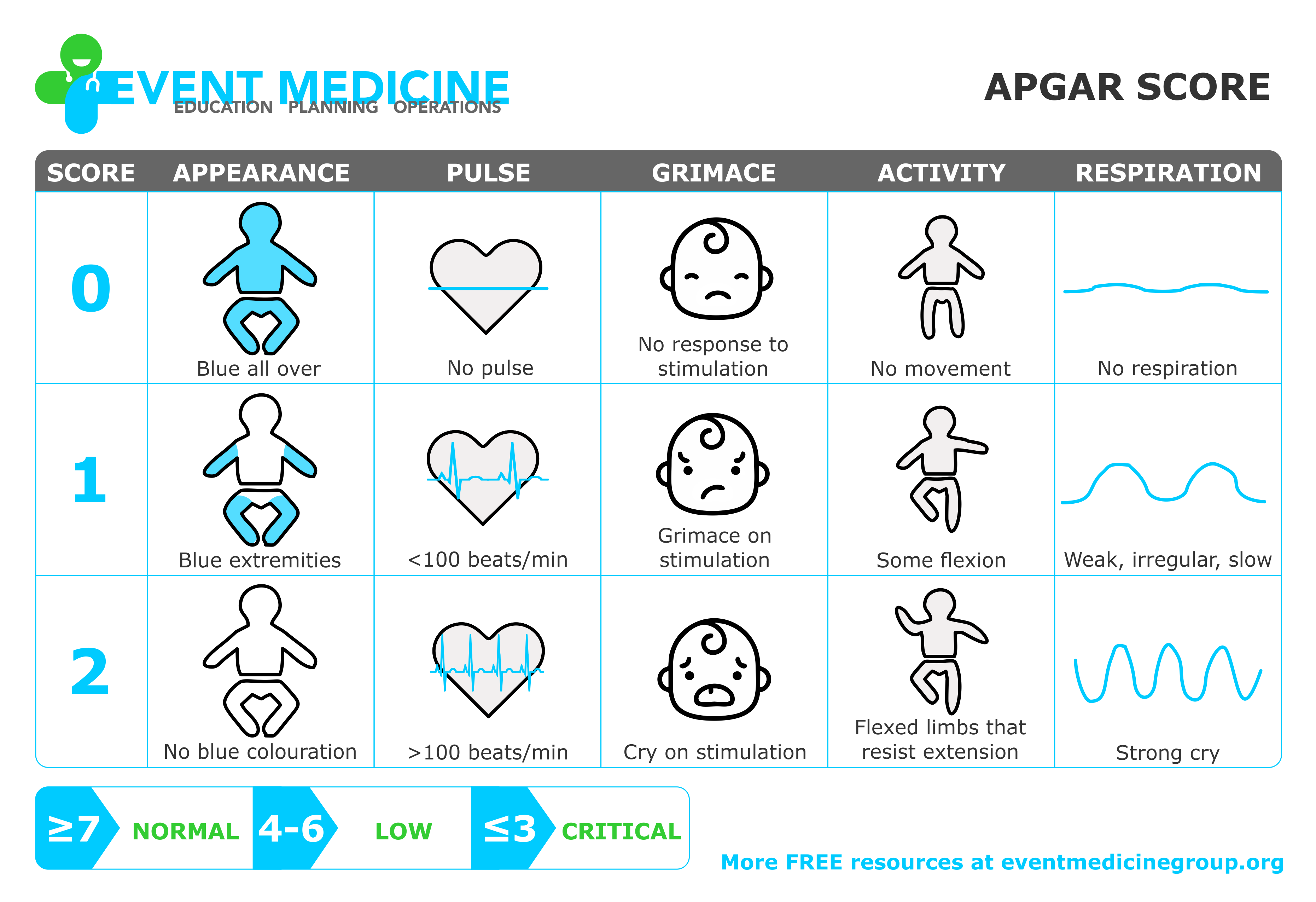 The Apgar assessment.^[[Image](https://www.eventmedicinegroup.org/patientassessment/) by [Event Medicine Group](https://www.eventmedicinegroup.org/)]