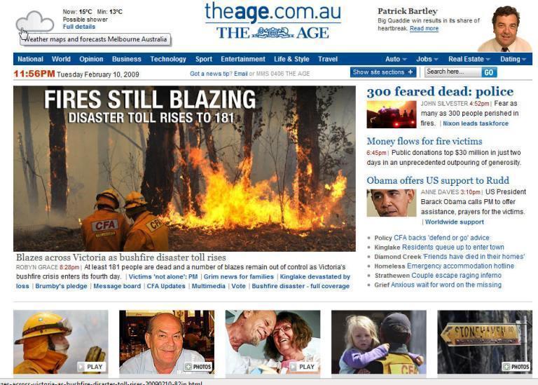 墨爾本《時代報》網站首頁上關於火災的報導。