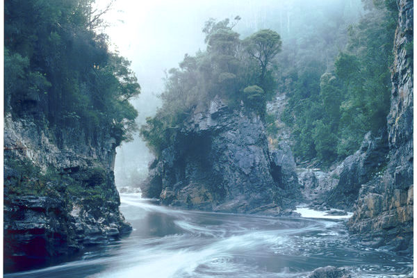 這張由Peter Dombrovskis拍攝的富蘭克林河的照片《晨霧‧島巖》（Morning Mist, Rock Island Bend）曾被用作反對建大壩的廣告戰。現由澳大利亞國立圖書館收藏。（圖片來源：澳大利亞國立圖書館網站。）