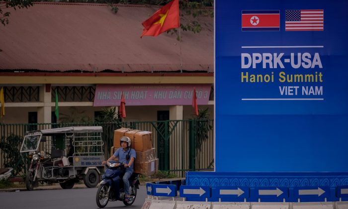 A public signboard welcomes the upcoming summit between U.S. President Donald Trump and North Korean Leader Kim Jong Un, near the U.S. Embassy in Hanoi, Vietnam on Feb. 21, 2019. (Linh Pham/Getty Images)