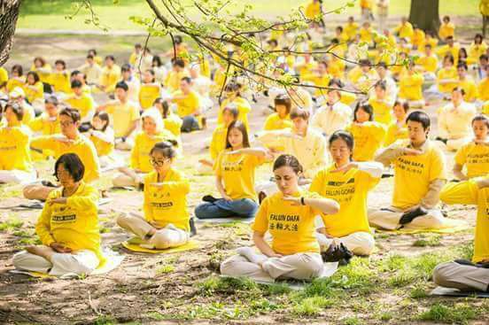 A group of Falun Gong practitioners are meditating.