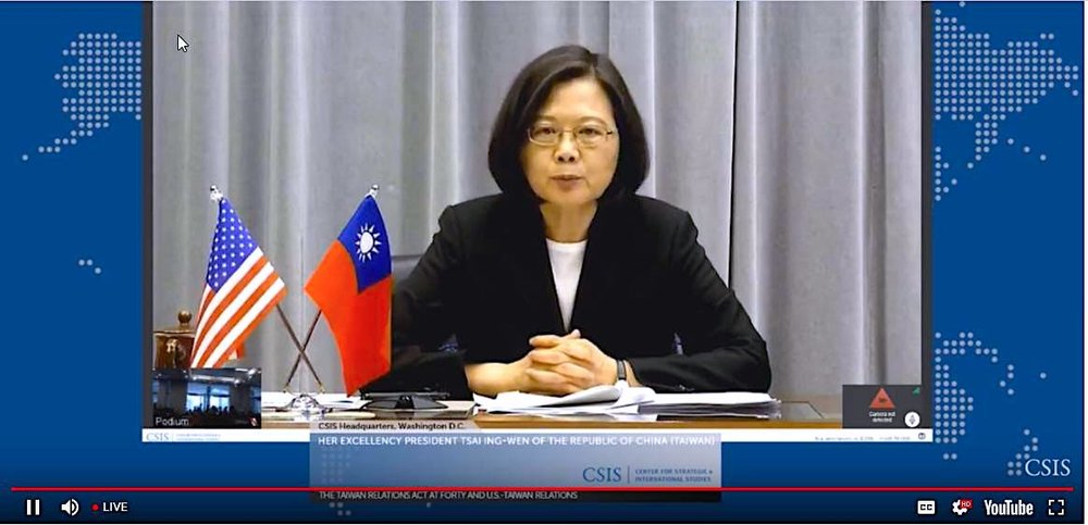 圖：臺灣總統蔡英文2019年4月9日通過視頻連線到美國華盛頓智囊機構CSIS的講話及答問現場觀衆問題。