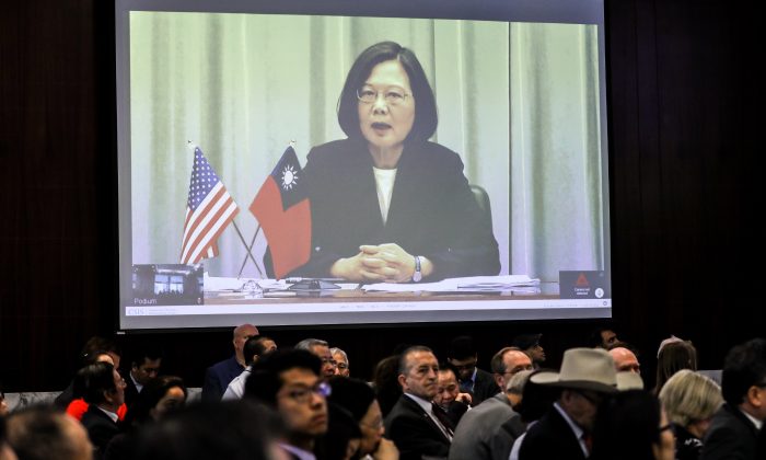 President Tsai Ing-wen of the Republic of China (Taiwan) addresses the crowd via webcam at the Center for Strategic and International Studies in Washington on April 9, 2019. (Samira Bouaou/The Epoch Times)