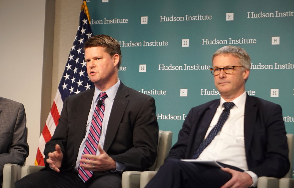 (L-R) Randall Schriver, Assistant Secretary of Defense for Indo-Pacific Security Affairs and Jeppe Tranholm-Mikkelsen, Secretary-General of the Council of the European Union at the Hudson Institute in Washington on April 16. (Jennifer Zeng/The Epoch Times)