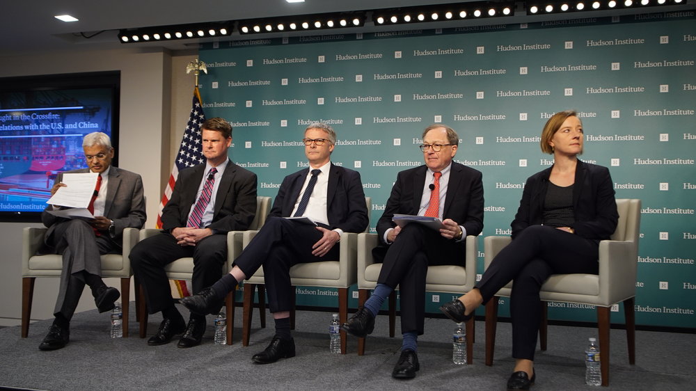 Caption: (L to R) Ashley Tellis, Senior Fellow and Tata Chair for Strategic Affairs, Carnegie Endowment for International Peace, Randall G. Schriver, Assistant Secretary of Defense for Indo-Pacific Security Affairs, U.S. Department of Defense, Jeppe Tranholm-Mikkelsen ,Secretary-General, European Council of Ministers, Thomas J. Duesterberg, Senior Fellow, Hudson Institute, Liselotte Odgaard, Senior Fellow, Hudson Institute, at "Caught in the Crossfire: Balancing EU relations with the U.S. and China" discussion at Hudson Institute in Washington on April 16, 2019. (Jennifer Zeng/The Epoch Times)