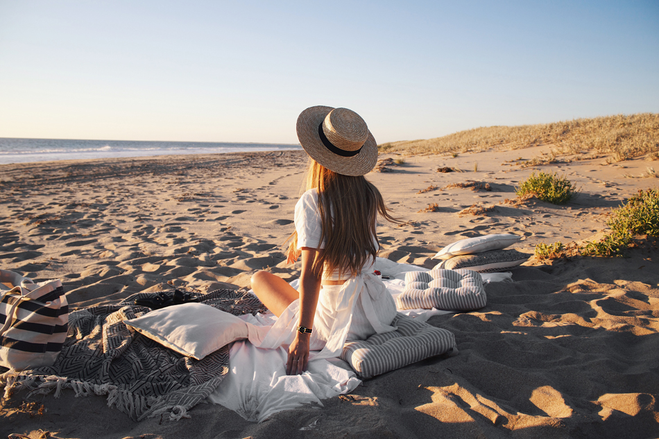 Perth sunset, beach picnic, Lack of Color straw boater hat, Cluse La Vedette watch