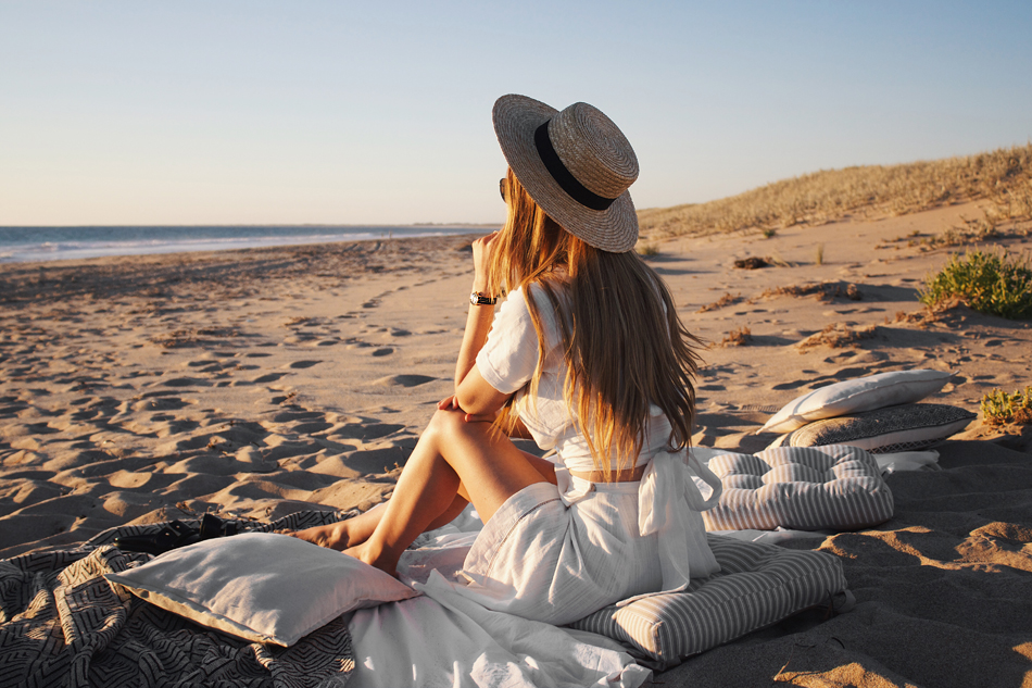 Perth sunset, beach picnic, Lack of Color straw boater hat, Cluse La Vedette watch
