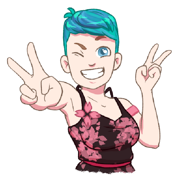 half body illustrated avatar of Leia grinning and throwing a peace sign