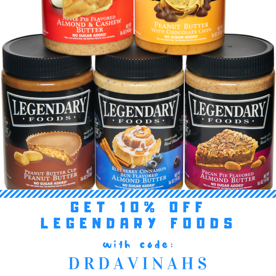 An image for Legendary Foods Nut butters in Apple Pie, Blueberry Cinnamon, Pecan Pie, Peanut Butter Cup with Discount Code