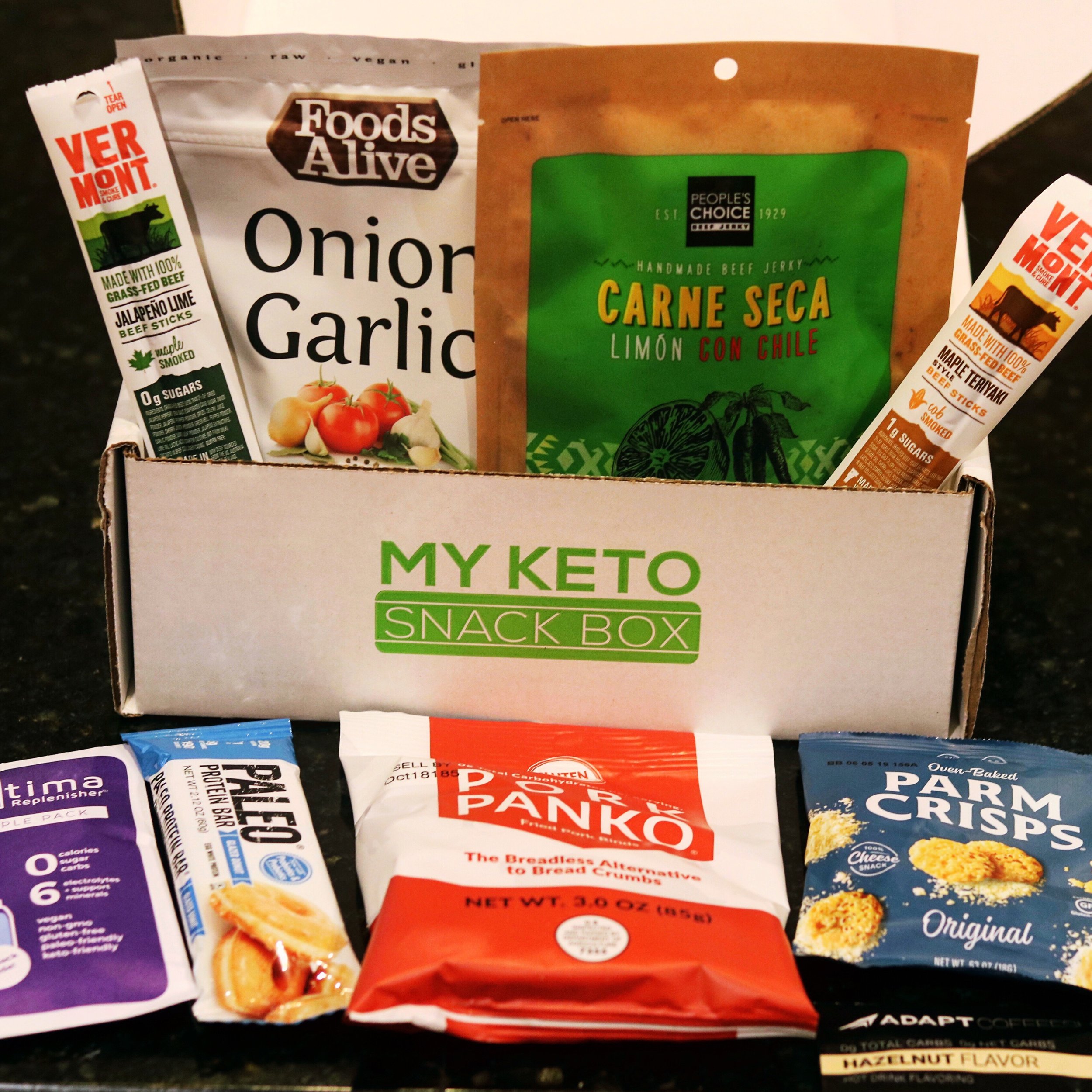 An assortment of items for My Keto Snack Box
