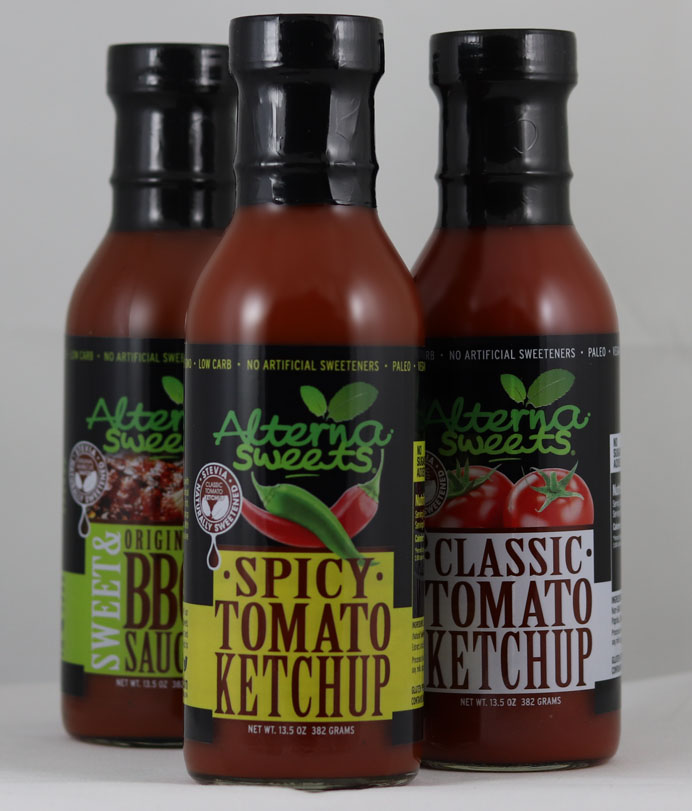 Three bottles of AlternaSweets - BBQ Sauce, Spicy Ketchup and Regular Ketchup